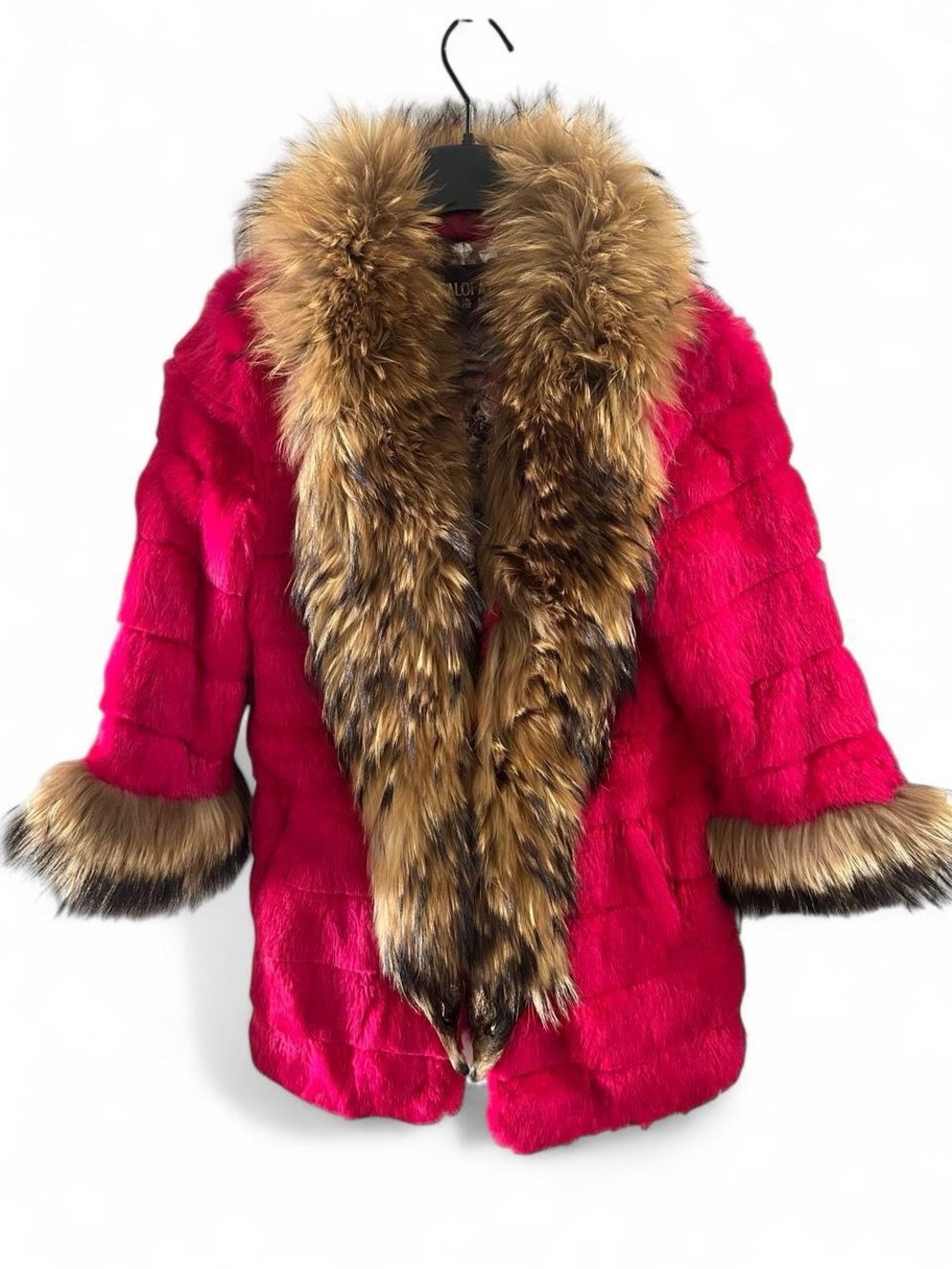 Hot Pink Genuine Rabbit & Fox Fur Statement Coat 3/4 Sleeve S